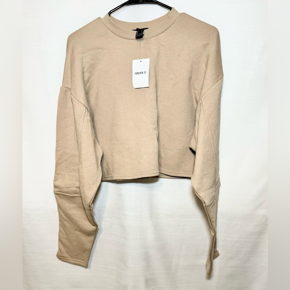 NWT Light Tan Forever 21 Semi Cropped Moto Sweatshirt L